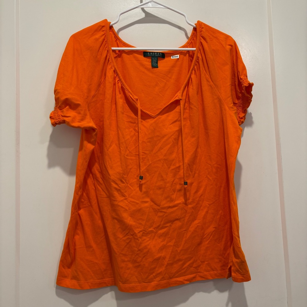 Lauren Ralph Lauren Orange Cotton Smocked Sleeve Scoop Neck Top XL